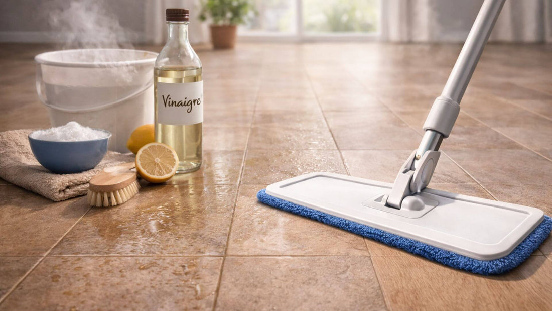 Serpillère microfibre nettoyant un sol en carrelage avec des produits naturels comme le vinaigre et le citron