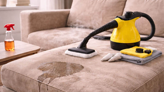 Mauvaise utilisation d’un nettoyeur vapeur sur un canapé en tissu avec excès d’eau visible sur l’assise