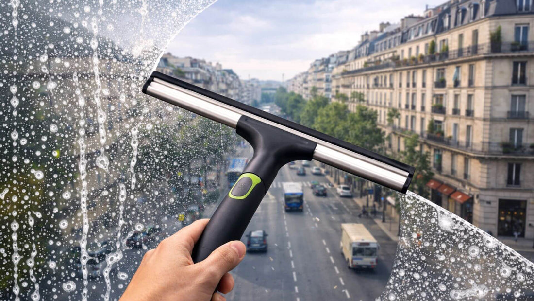 Raclette vitre nettoyant une fenêtre avec de l’eau savonneuse sur une grande baie vitrée avec vue sur la ville en arrière plan