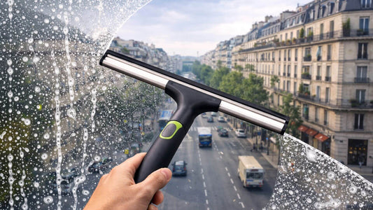 Raclette vitre nettoyant une fenêtre avec de l’eau savonneuse sur une grande baie vitrée avec vue sur la ville en arrière plan