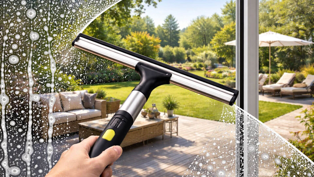 Raclette vitre nettoyant une baie vitrée avec de l’eau savonneuse pour enlever les traces et obtenir une vitre propre avec vue sur le jardin