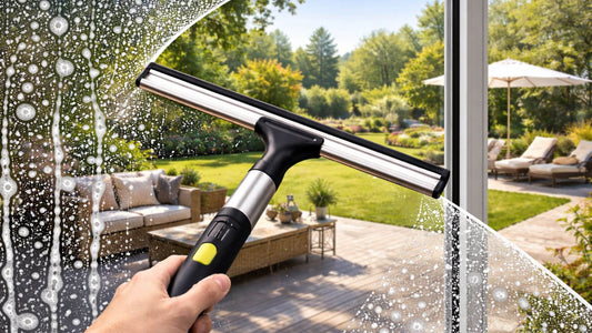 Raclette vitre nettoyant une baie vitrée avec de l’eau savonneuse pour enlever les traces et obtenir une vitre propre avec vue sur le jardin