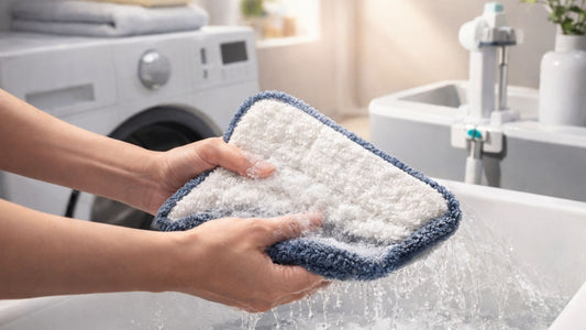 Lavage à la main d’une serpillère microfibre sous l’eau pour la nettoyer et enlever les saletés