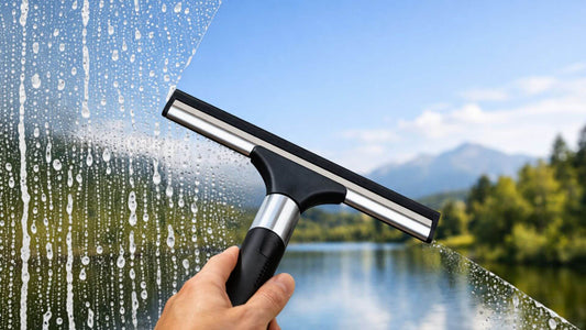 Raclette vitre nettoyant une fenêtre avec de l’eau savonneuse pour obtenir une vitre propre sans traces avec vue dégagée en arrière plan