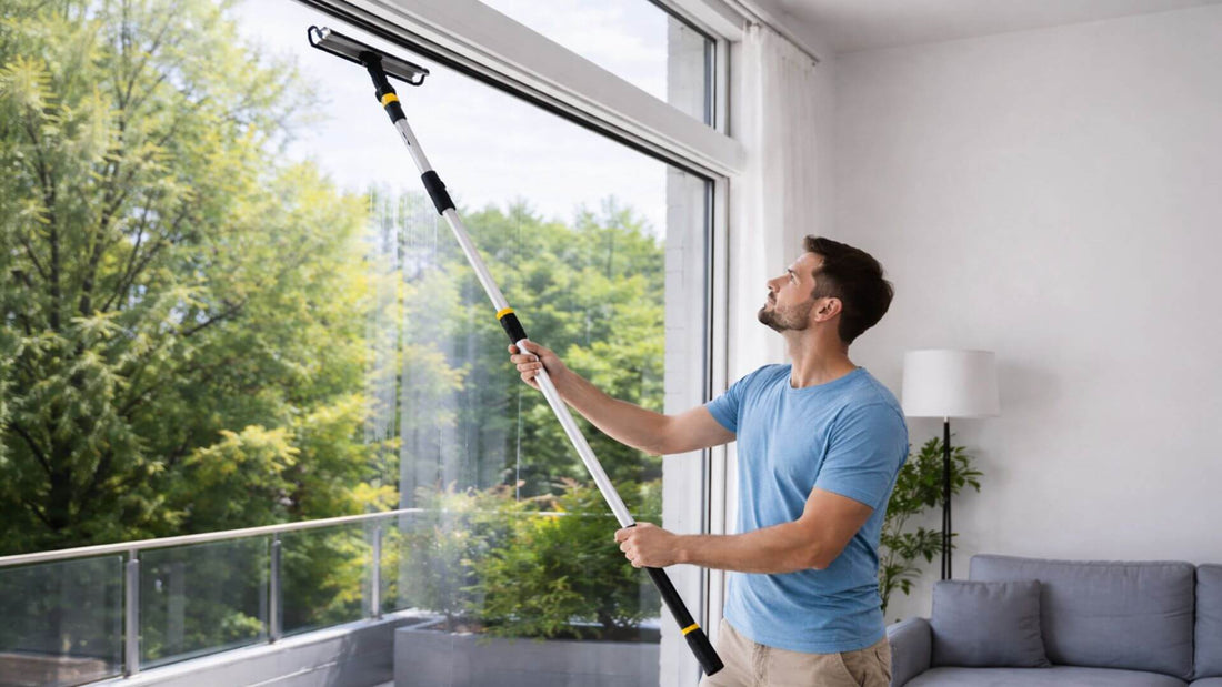 Nettoyage de vitres en hauteur avec une raclette vitre télescopique dans un salon moderne lumineux