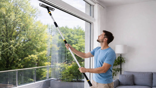 Nettoyage de vitres en hauteur avec une raclette vitre télescopique dans un salon moderne lumineux