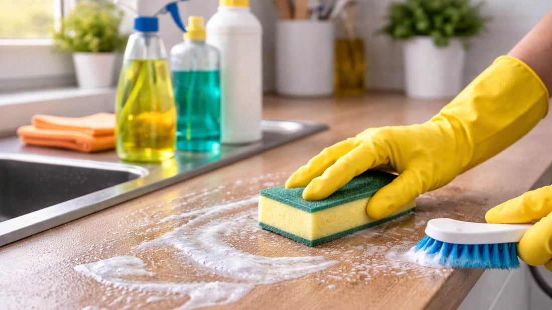 Nettoyage de cuisine avec éponge et brosse sur plan de travail