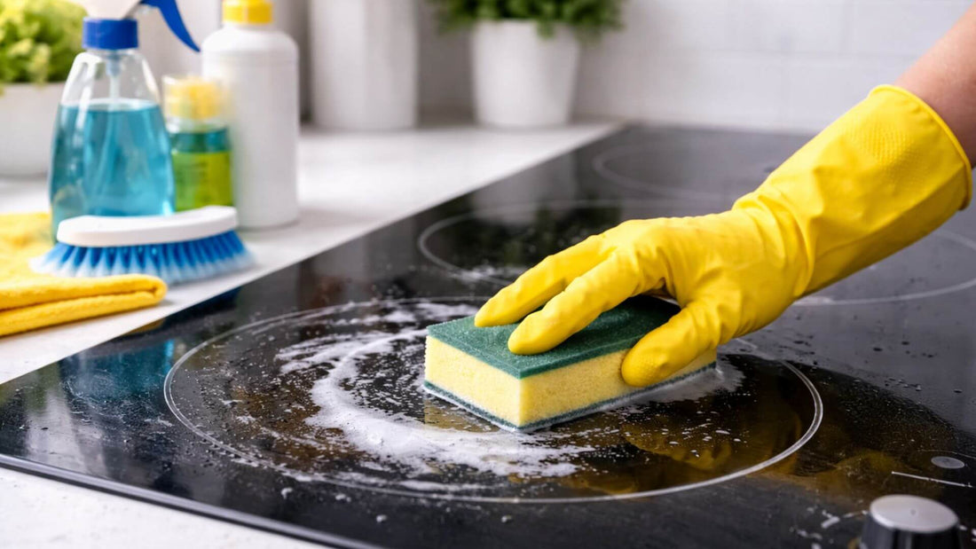 Nettoyage d’une plaque de cuisson avec une éponge dans une cuisine
