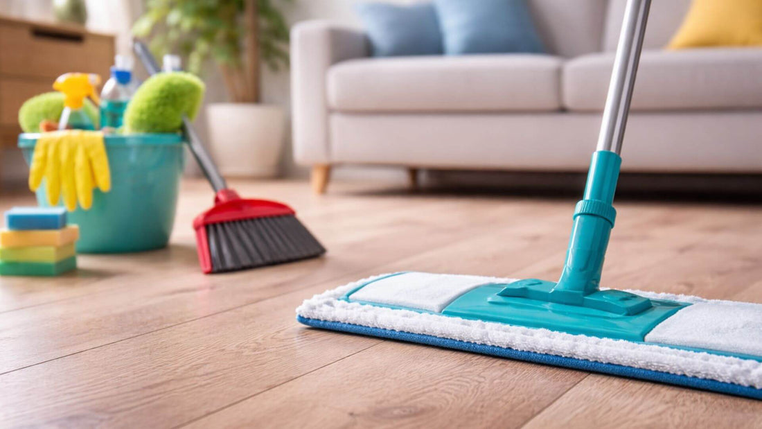 Nettoyage du sol avec serpillière microfibre et balai dans une maison