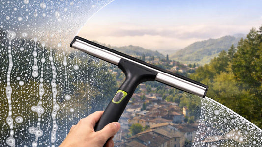 Raclette vitre nettoyant une fenêtre avec de l’eau savonneuse pour obtenir des vitres propres sans traces avec vue dégagée