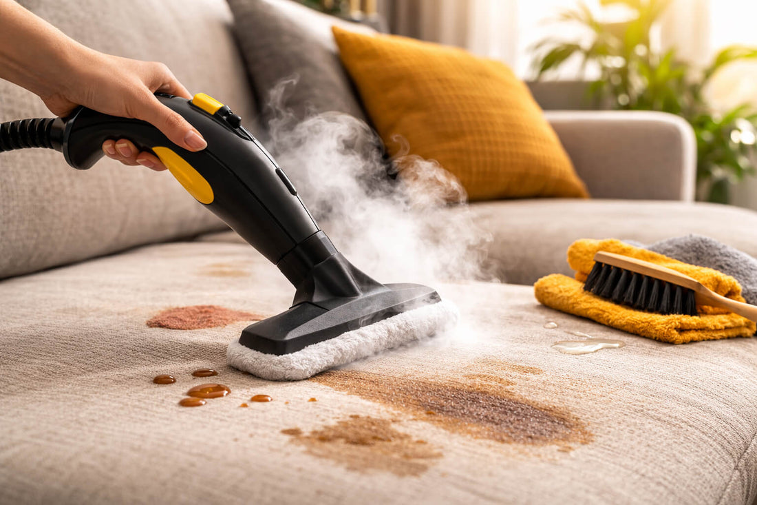 Nettoyeur vapeur en train d’enlever des taches de café et de liquide sur un canapé en tissu beige avec vapeur visible