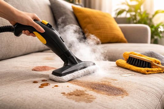 Nettoyeur vapeur en train d’enlever des taches de café et de liquide sur un canapé en tissu beige avec vapeur visible