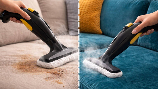 Comparaison entre nettoyage vapeur sur canapé en tissu beige et canapé en velours bleu avec nettoyeur vapeur en action