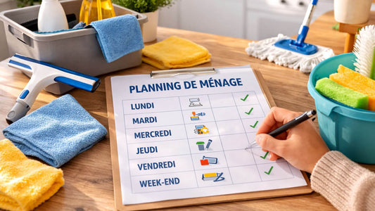 Planning de ménage maison avec accessoires de nettoyage sur une table