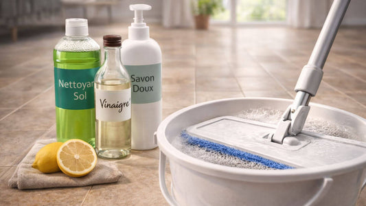 Serpillère microfibre dans un seau avec eau savonneuse et produits pour laver le sol comme savon doux, vinaigre et citron