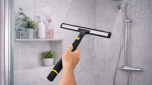 Raclette vitre utilisée sur une paroi de douche pour éviter les traces et le calcaire
