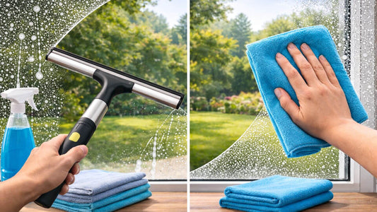Comparaison entre une raclette vitre et un chiffon microfibre pour nettoyer une fenêtre avec eau savonneuse et obtenir des vitres sans traces