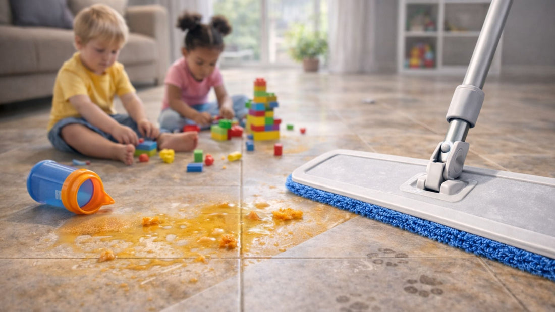 Serpillère microfibre nettoyant un sol en carrelage après un jus renversé par des enfants dans un salon lumineux