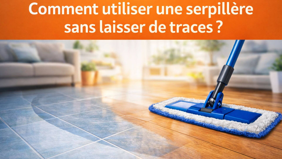 Serpillère microfibre nettoyant un sol en carrelage et parquet dans un intérieur lumineux, nettoyage sans traces