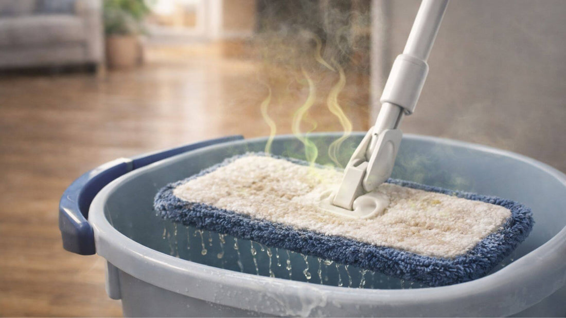 Serpillère humide dans un seau dégageant de mauvaises odeurs, cause des bactéries et de l’humidité