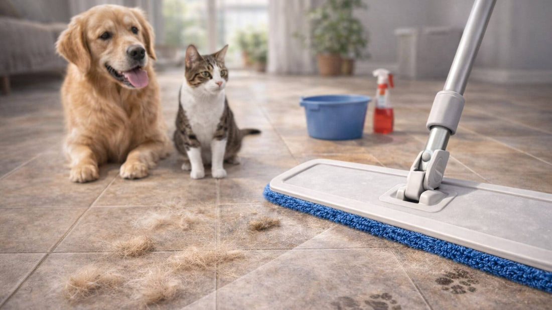 Serpillère microfibre nettoyant un sol en carrelage avec poils d’animaux, chien et chat à l’arrière-plan dans un intérieur lumineux