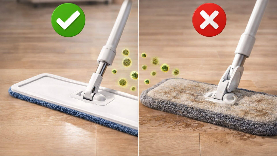 Comparaison entre une serpillère propre et une serpillère sale montrant l’importance de l’hygiène pour nettoyer le sol