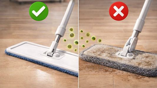 Comparaison entre une serpillère propre et une serpillère sale montrant l’importance de l’hygiène pour nettoyer le sol