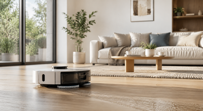 Aspirateur laveur robot nettoyant un sol dans un salon moderne lumineux avec grandes fenêtres