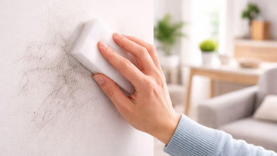 Personne utilisant une éponge magique pour nettoyer un mur blanc avec des traces, nettoyage intérieur maison moderne