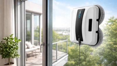 Robot lave vitre automatique nettoyant une baie vitrée dans un salon moderne, appareil intelligent pour vitres propres sans effort