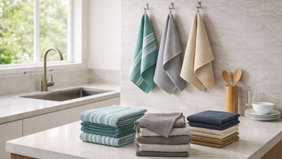 Torchons de cuisine en coton et microfibre posés sur plan de travail, linge de cuisine absorbant pour essuyer la vaisselle
