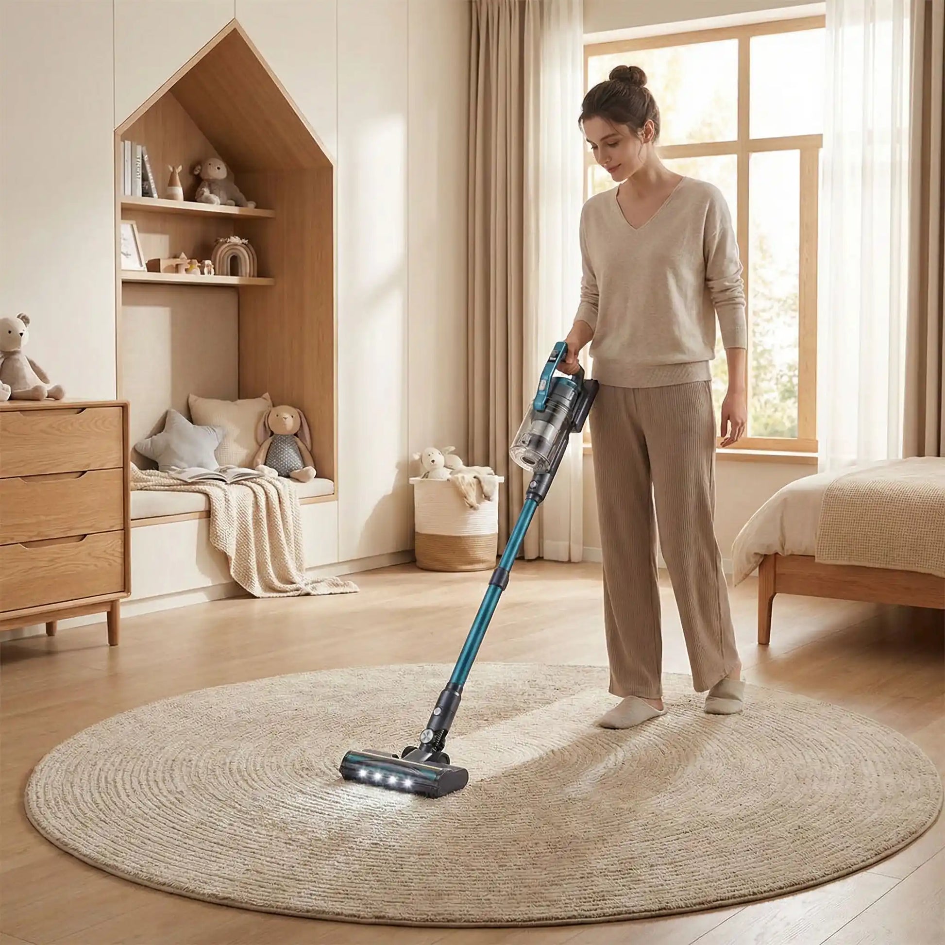 aspirateur a main bleu azure tapis chambre