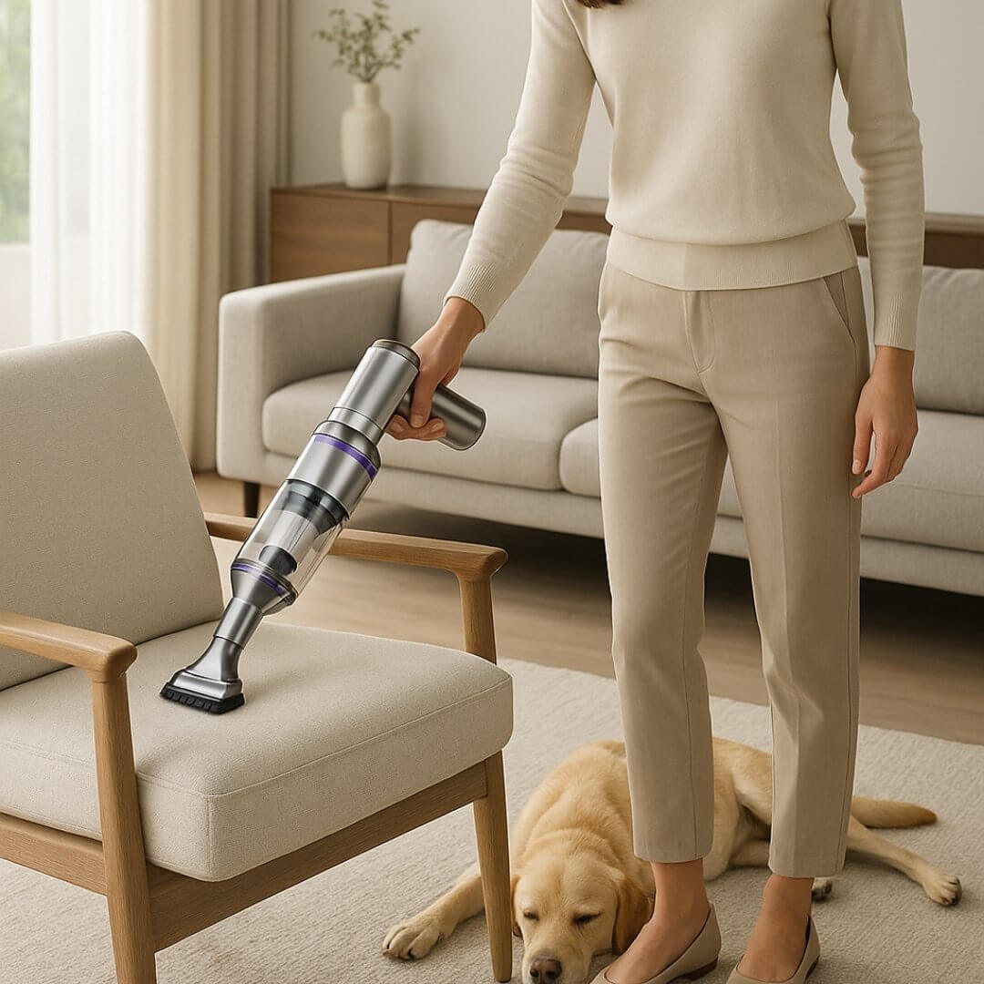 aspirateur a main femme tissue fauteuil chien poils