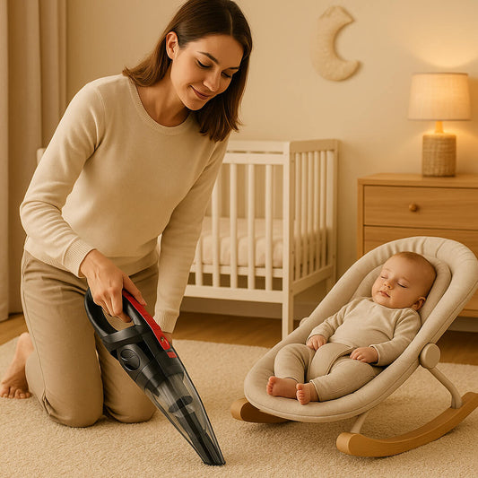 aspirateur a main silencieux bebe dort maman nettoie