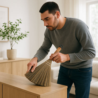 balai homme depoussiere meuble rotin