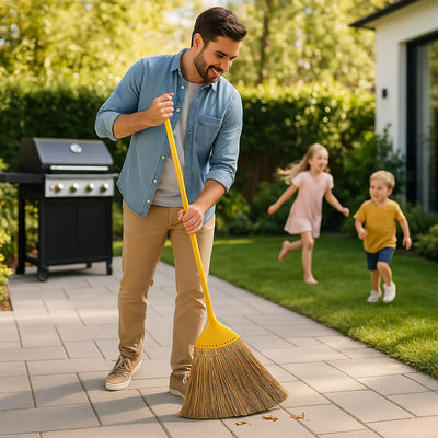 balai tisse mangue naturel homme nettoie jardin terrasse