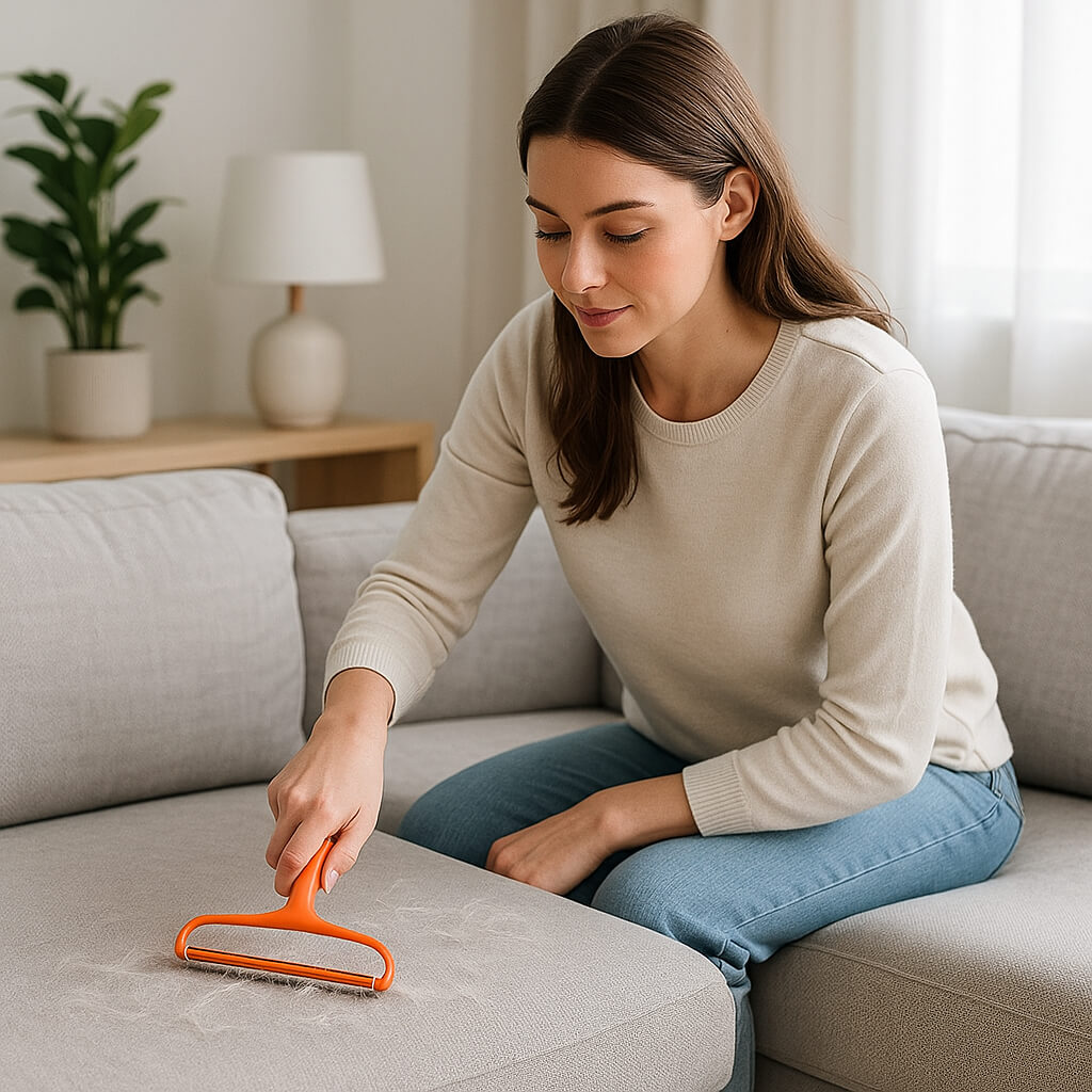 brosse anti poil orange nettoyage canape beige