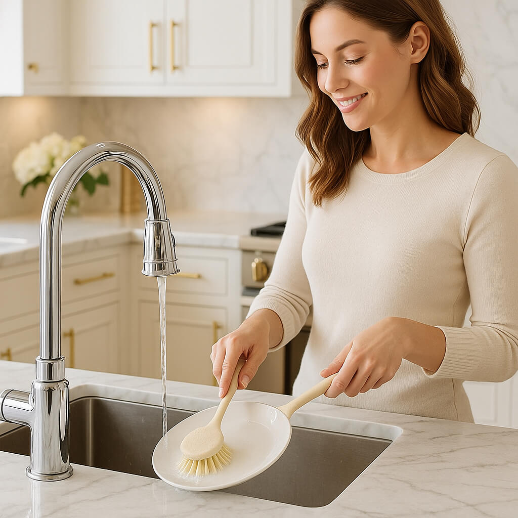 brosse vaisselle beige femme heureuse cuisine