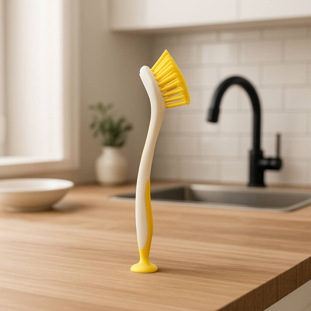 brosse vaisselle jaune plan travail bois
