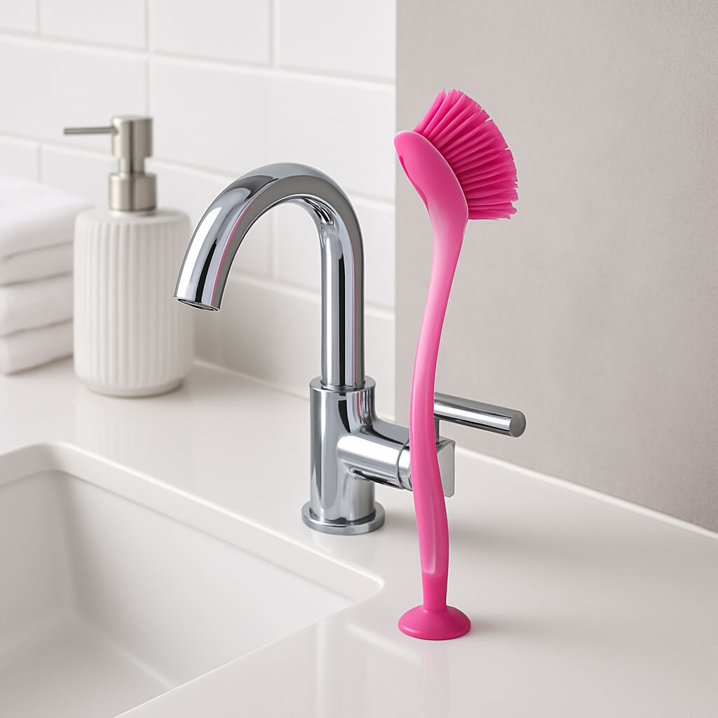 brosse vaisselle rose salle de bain nettoyage