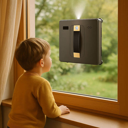 enfant observe robot lave vitres nettoie fenetres
