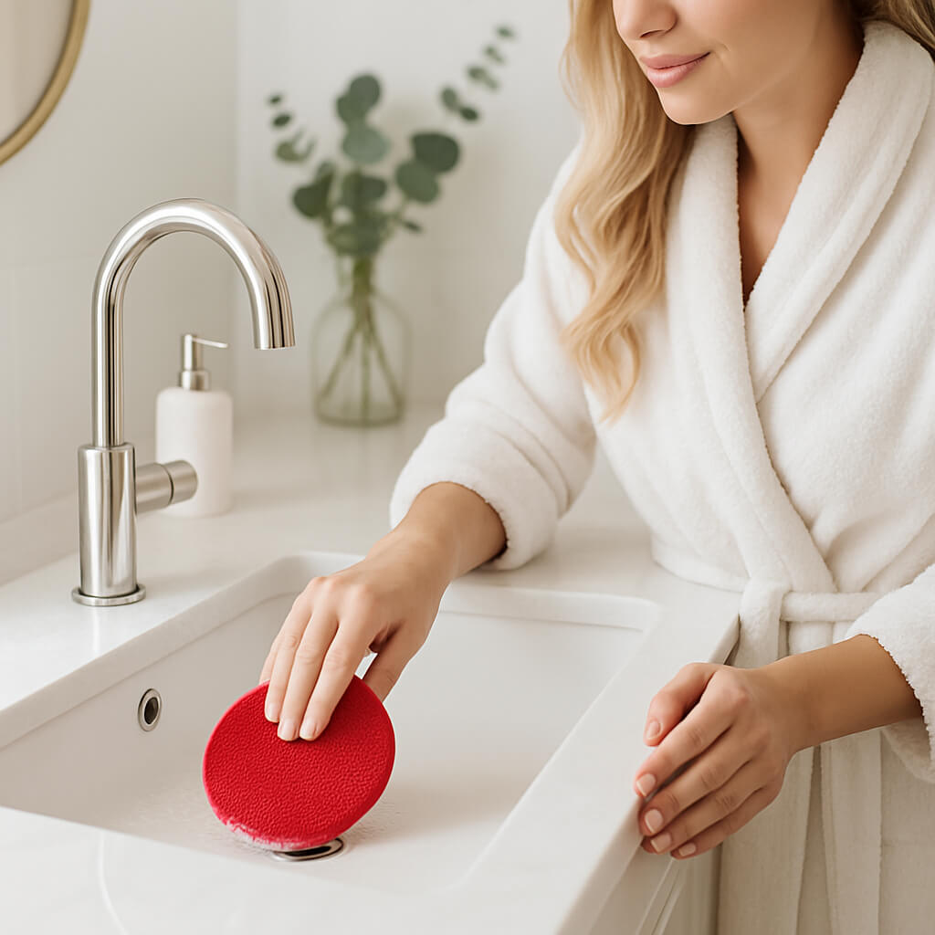 eponge femme rouge lavabo douche
