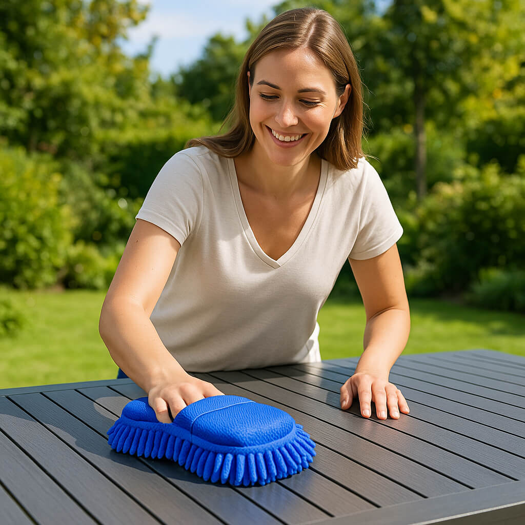 eponge table bois jardin nettoyage