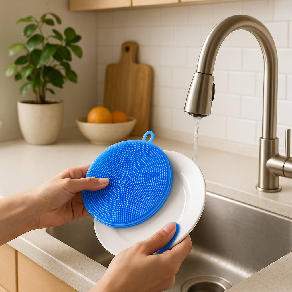 eponge vaisselle assiette blanche nettoyage
