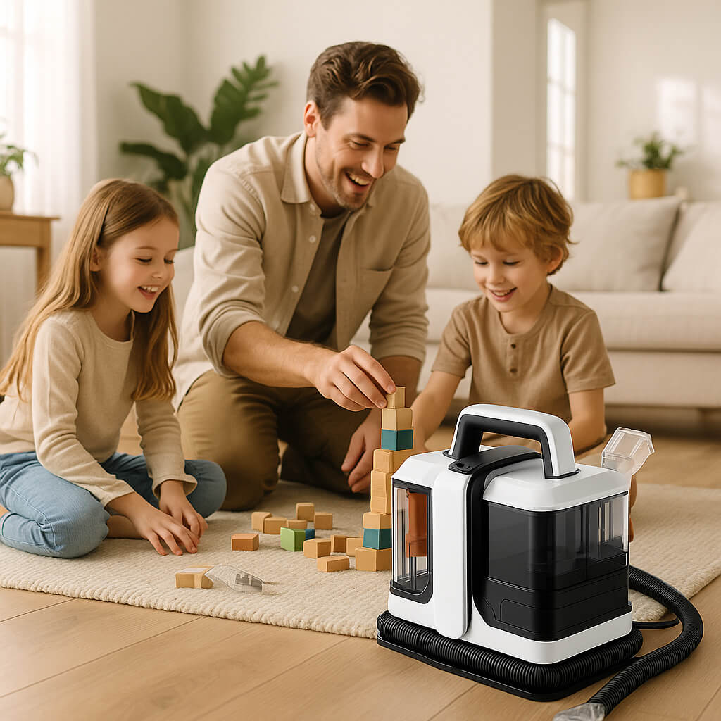 famille heureuse nettoyeur vapeur canape