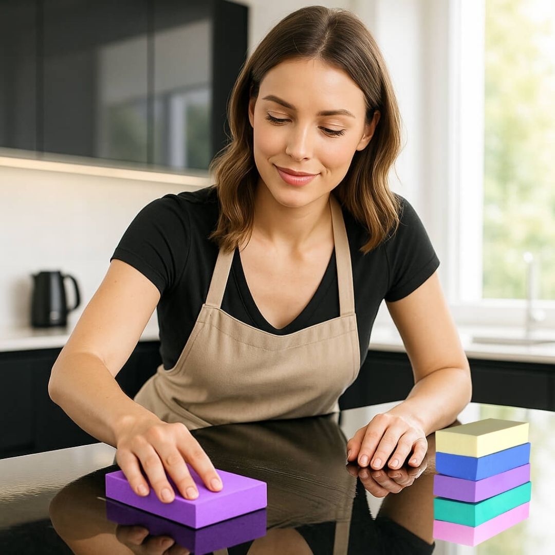 femme eponge violette nettoie plan travail