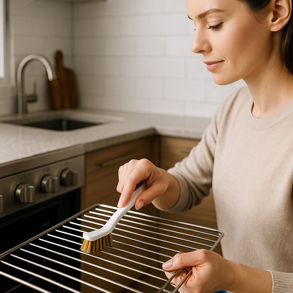 femme grille brosse metallique four cuisine