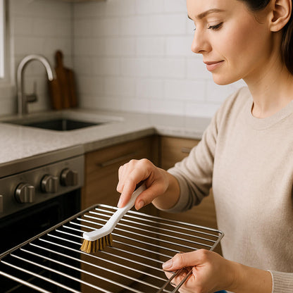 femme grille brosse metallique four cuisine