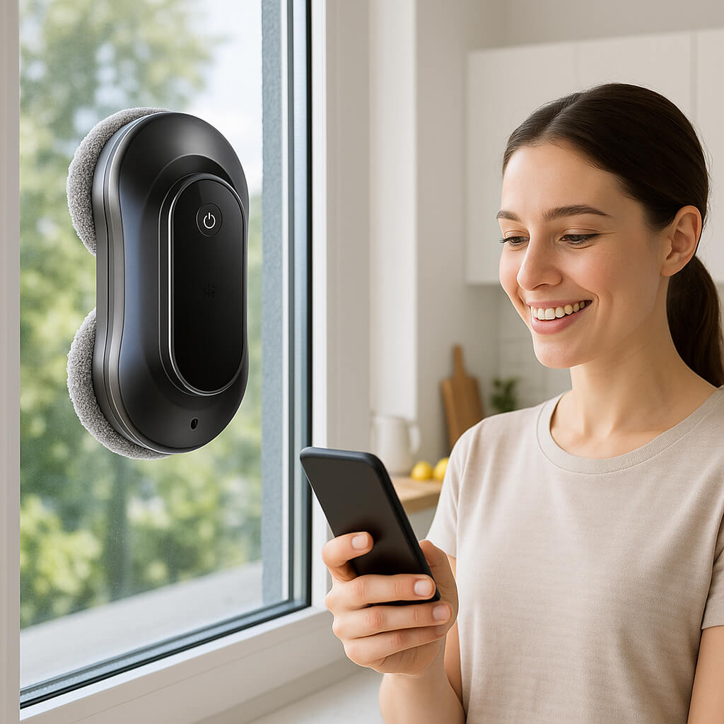 femme telephone programme robot lave vitres connecte