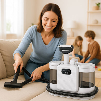 femme tres epanouie nettoyeur vapeur canape retire tache cafe